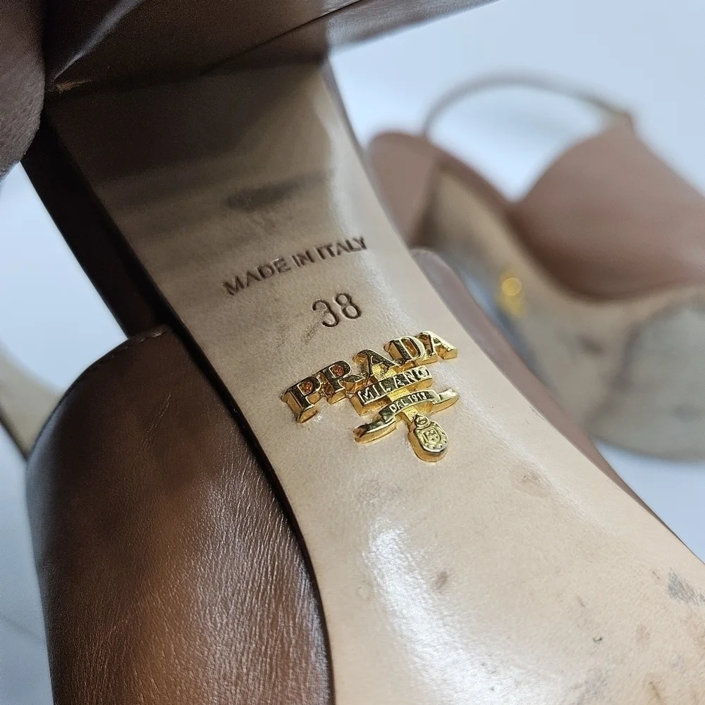 Prada brown leather peeptoe ankle wrap heel booties EU 38
